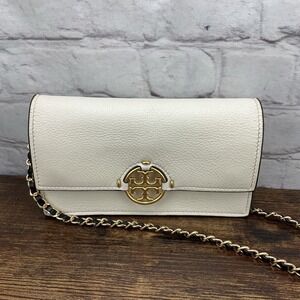 Tory Burch Miller Shoulder Bag White Pebbled Leather Gold Logo Replacement Strap